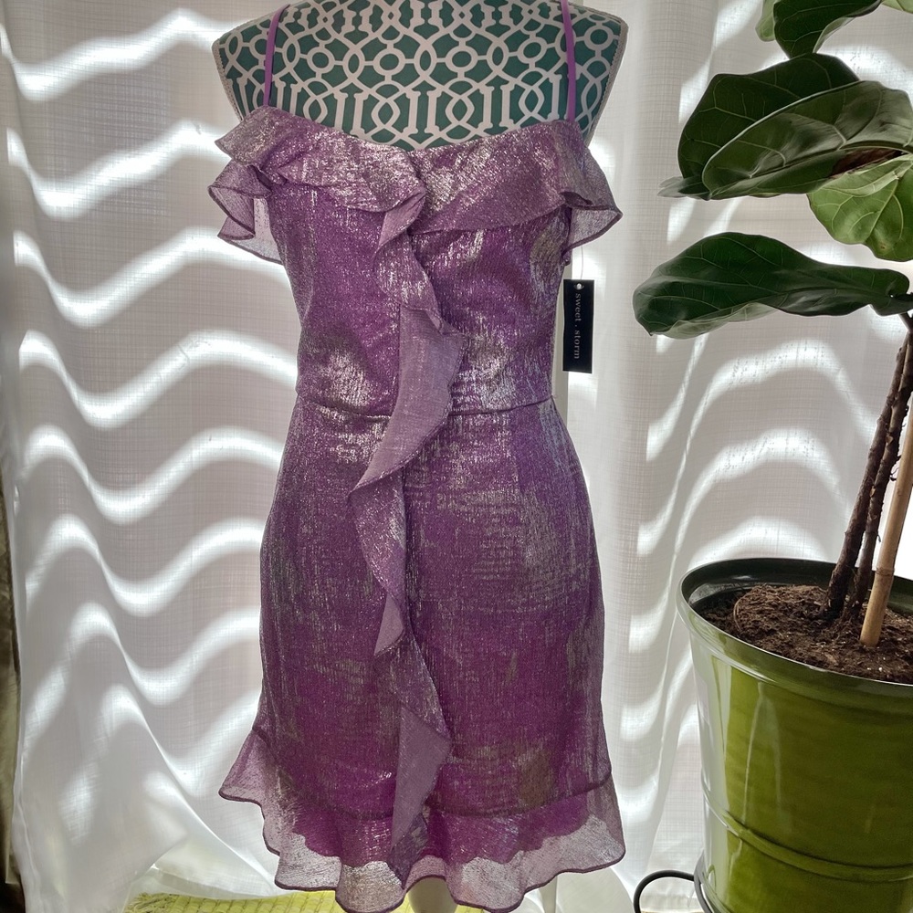 Sweet Storm Purple Metallic Ruffle Mini Dress - Picture 3 of 14